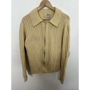 Vintage White Ram Cable Knit Woman M Wool Cardigan Zip Fisherman 70s